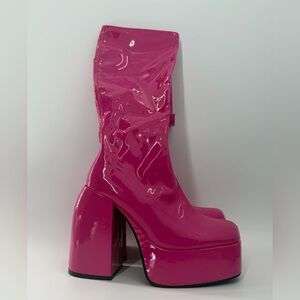 Daisy Street Pink Vinyl Knee High Square Toe Platform Glossy Electric Boots